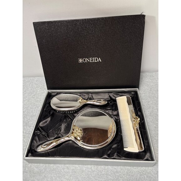 Oneida Ropes & Bows Silverplate Dresser Set with Mirror Brush & Comb In Box 1980 - Picture 1 of 7
